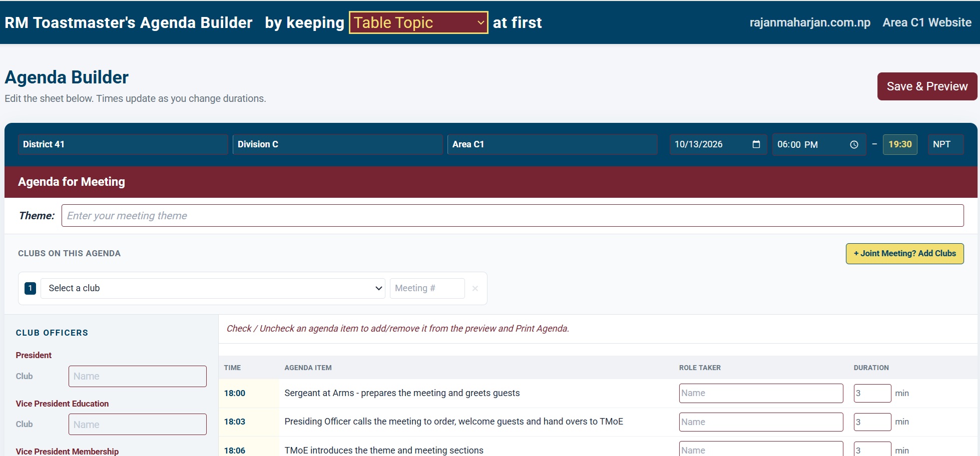 Toastmasters Agenda Builder